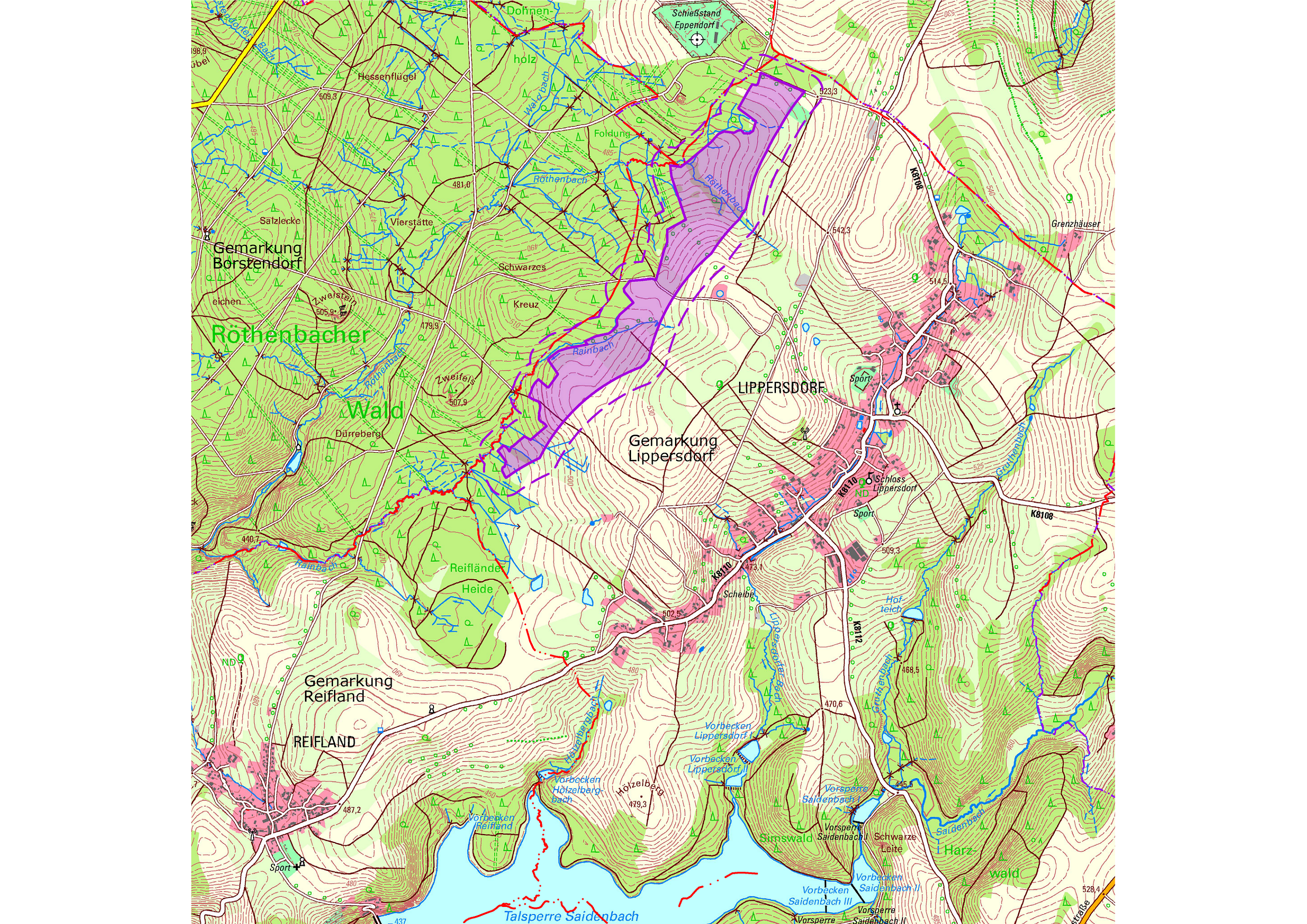 Projektfläche nordwestlich von Lippersdorf (violett markiert)